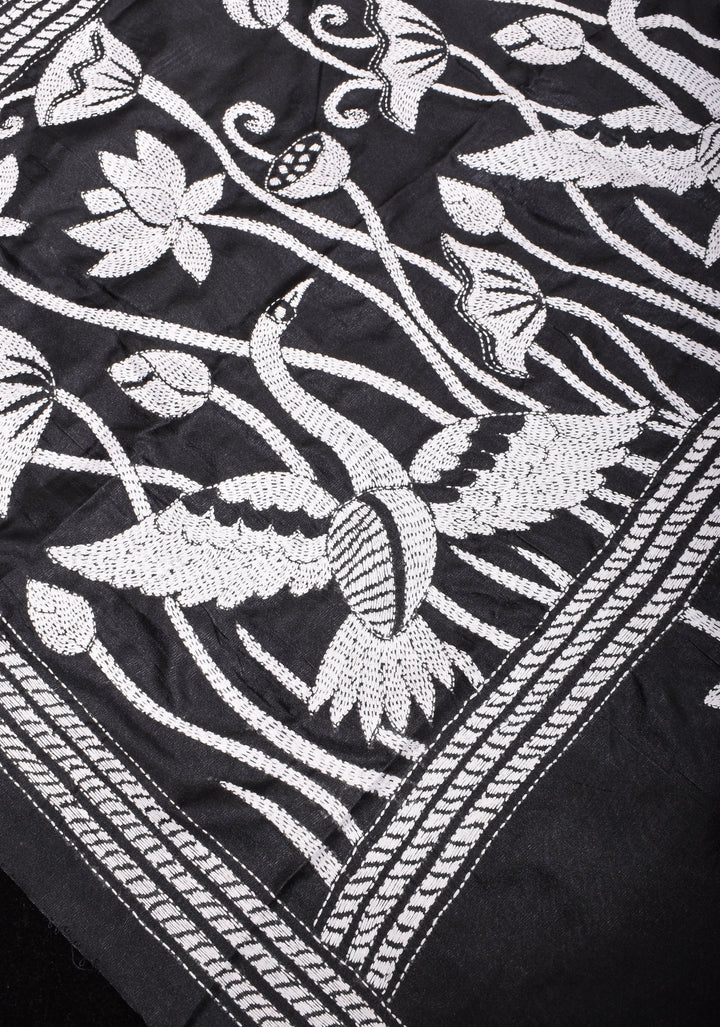 Kantha Embroidery Saree in Black with White Lotus in Art Silk