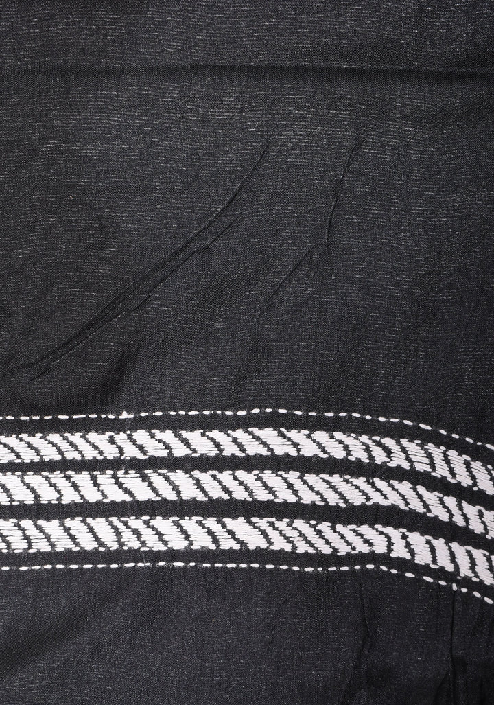 Kantha Embroidery Saree in Black with White Lotus in Art Silk