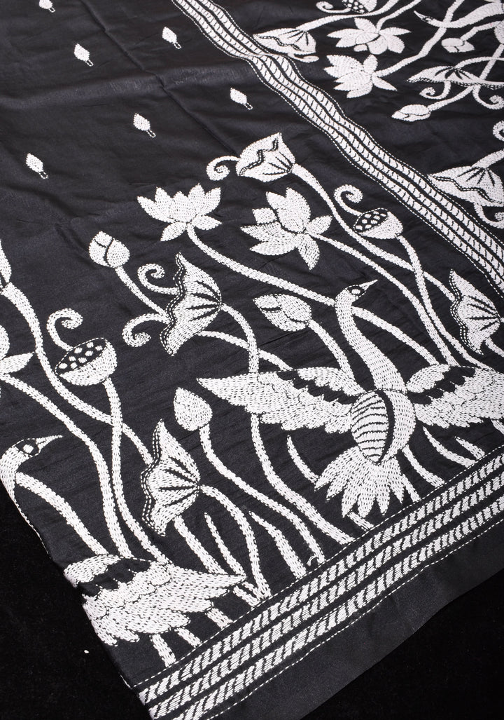 Kantha Embroidery Saree in Black with White Lotus in Art Silk