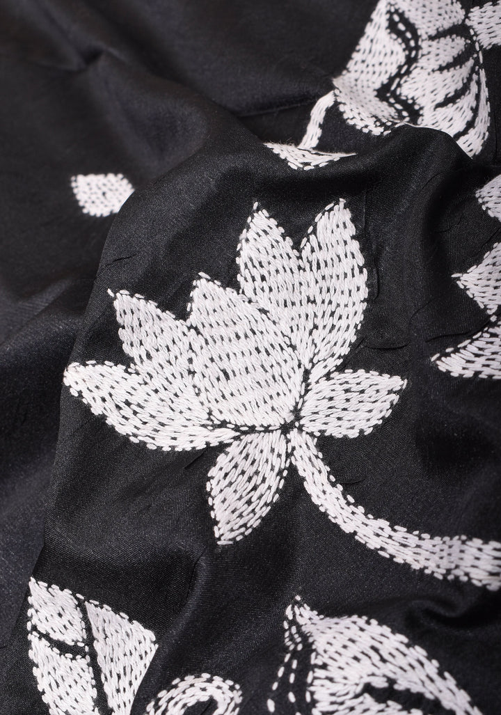 Kantha Embroidery Saree in Black with White Lotus in Art Silk