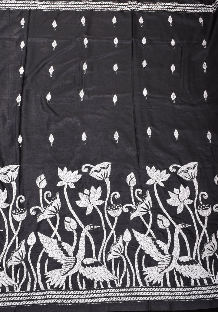 Kantha Embroidery Saree in Black with White Lotus in Art Silk