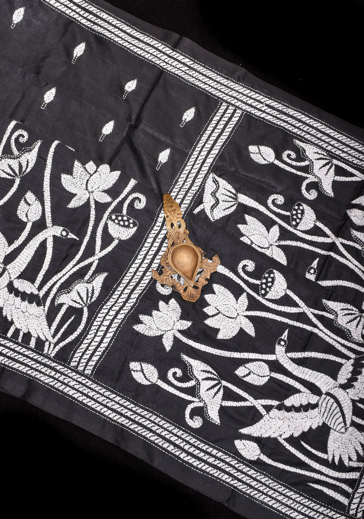 Kantha Embroidery Saree in Black with White Lotus in Art Silk