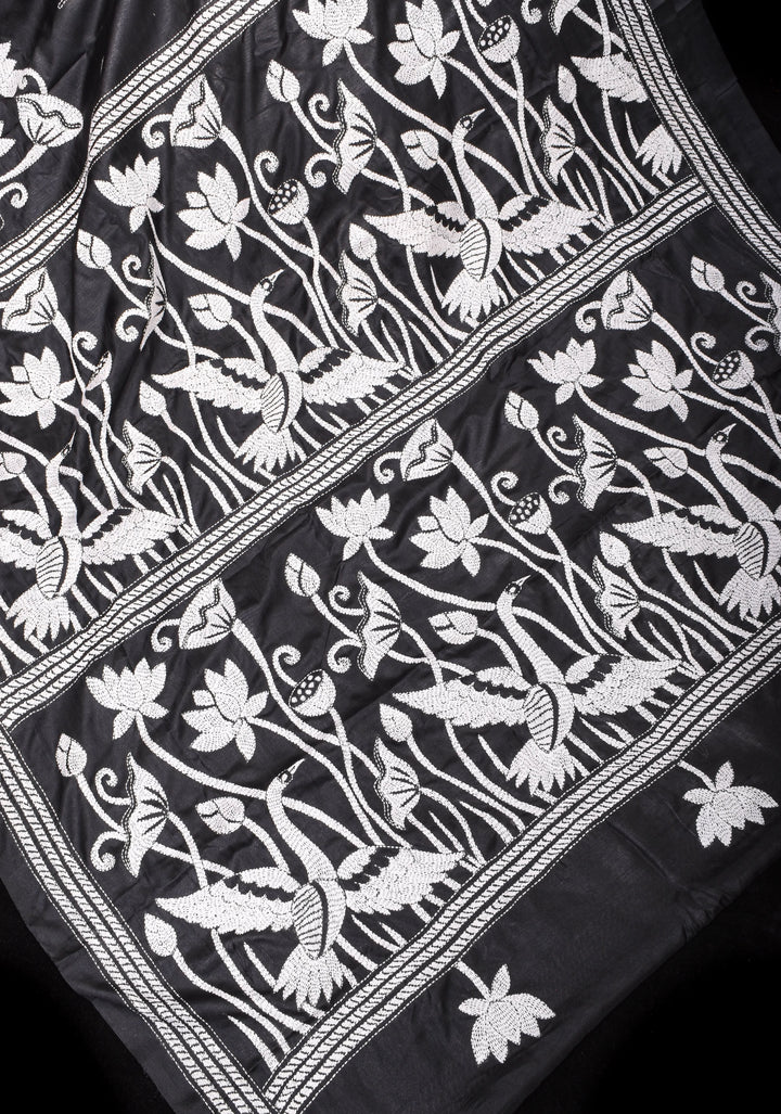 Kantha Embroidery Saree in Black with White Lotus in Art Silk