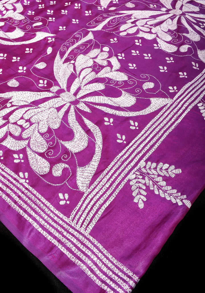 Purple Authentic Butterfly theme Hand kantha embroidery Art Silk Saree