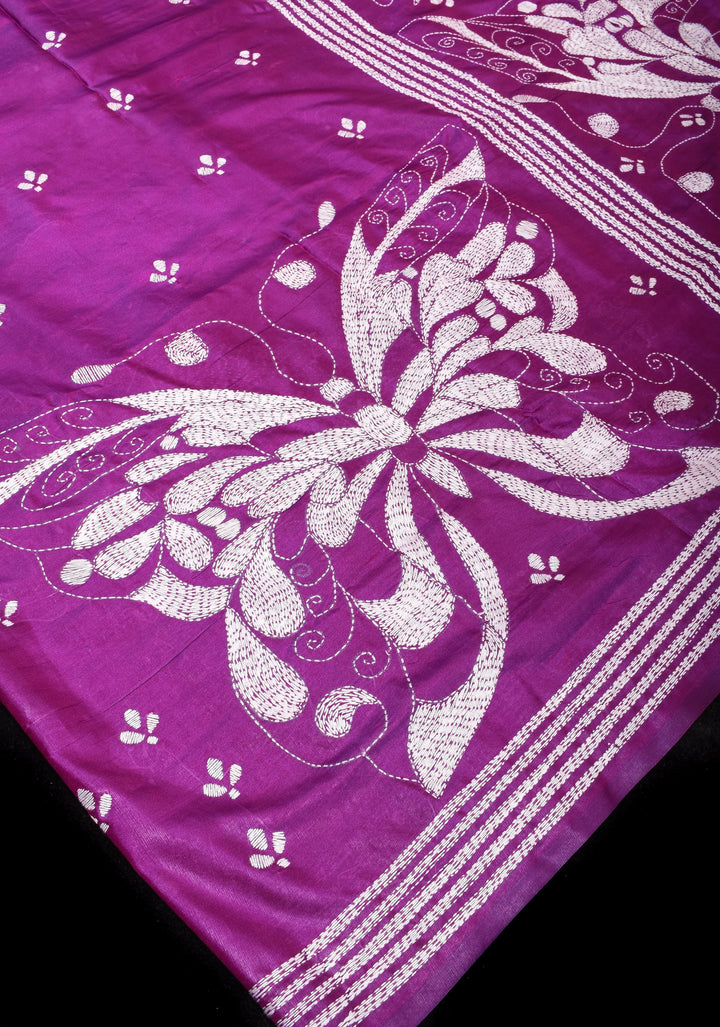 Purple Authentic Butterfly theme Hand kantha embroidery Art Silk Saree