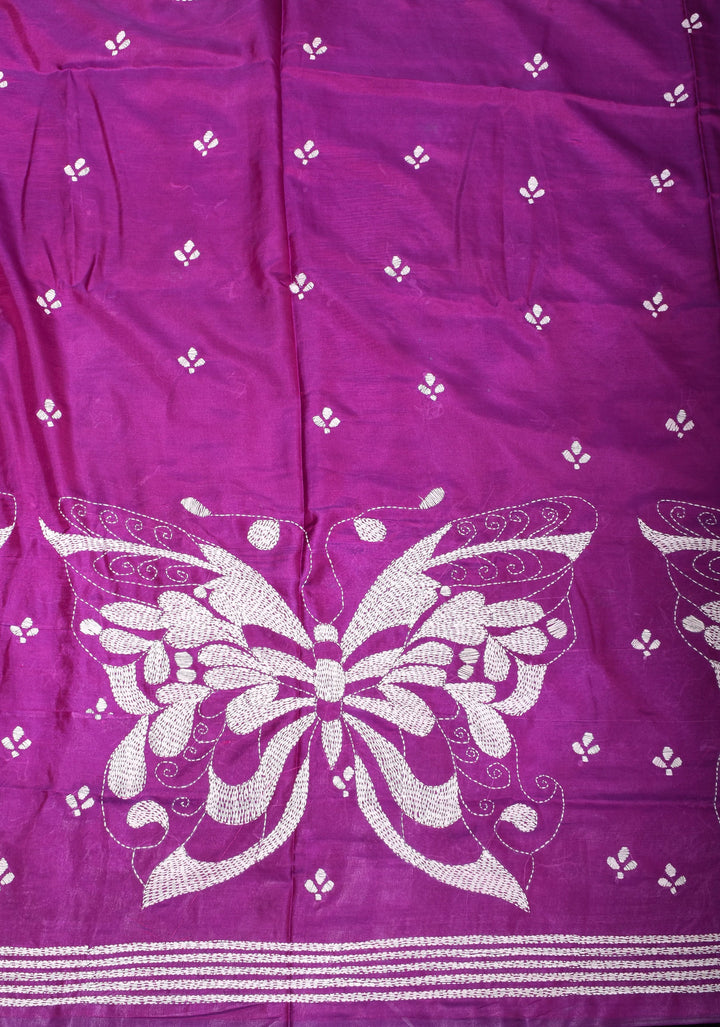 Purple Authentic Butterfly theme Hand kantha embroidery Art Silk Saree