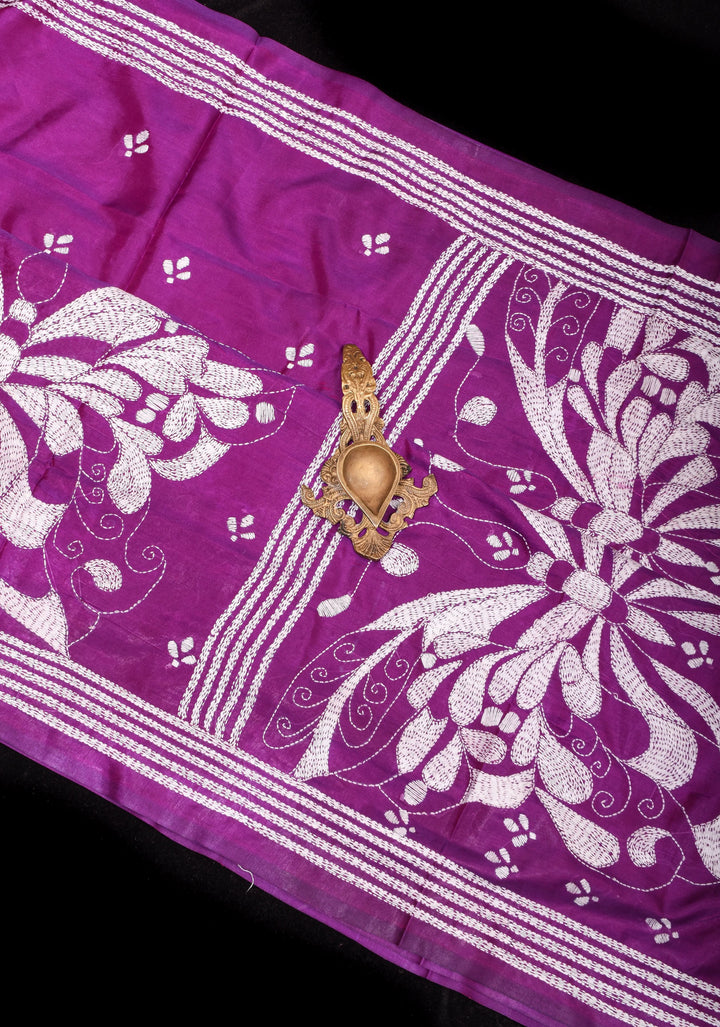 Purple Authentic Butterfly theme Hand kantha embroidery Art Silk Saree