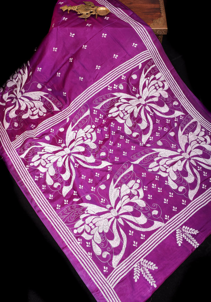 Purple Authentic Butterfly theme Hand kantha embroidery Art Silk Saree