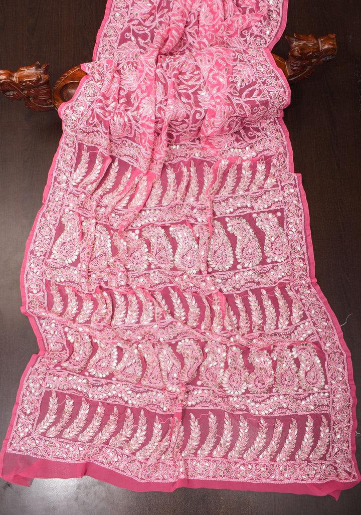 Authentic Hand Chikankari with Gotta embellishments on Shorbet Pink Georgette Saree