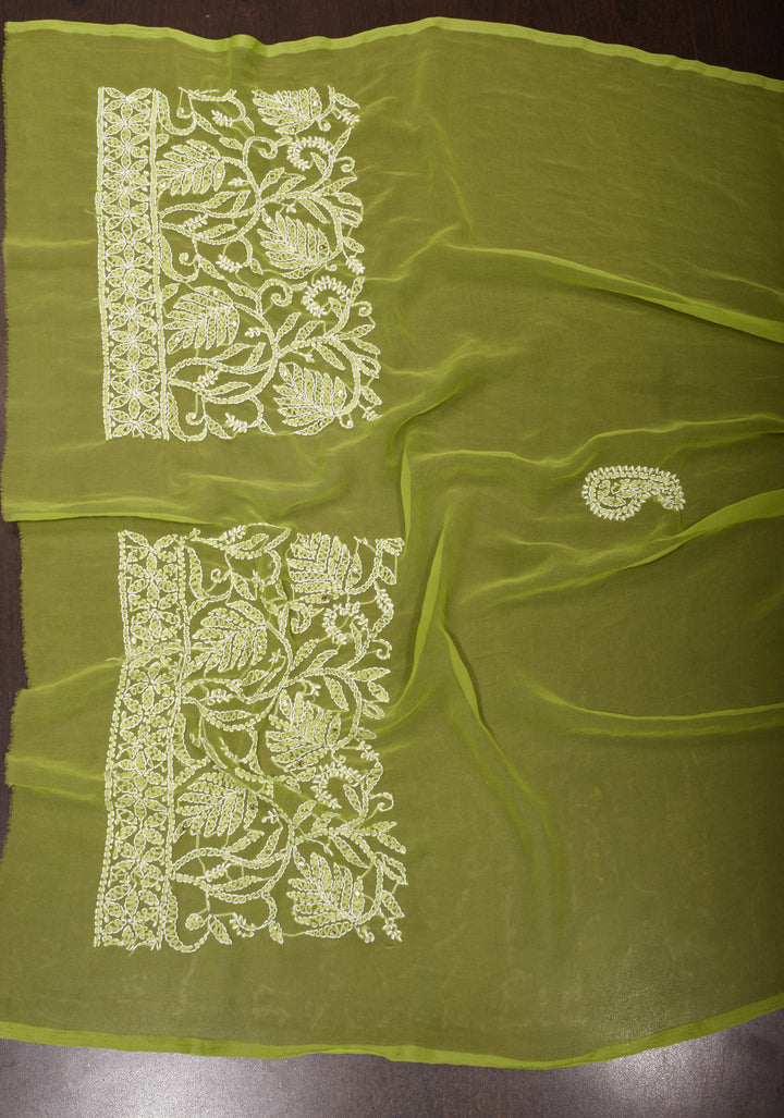 Lime Green Authentic Hand-Embroidered Full Jaal Chikankari Georgette Saree with Gotta Work