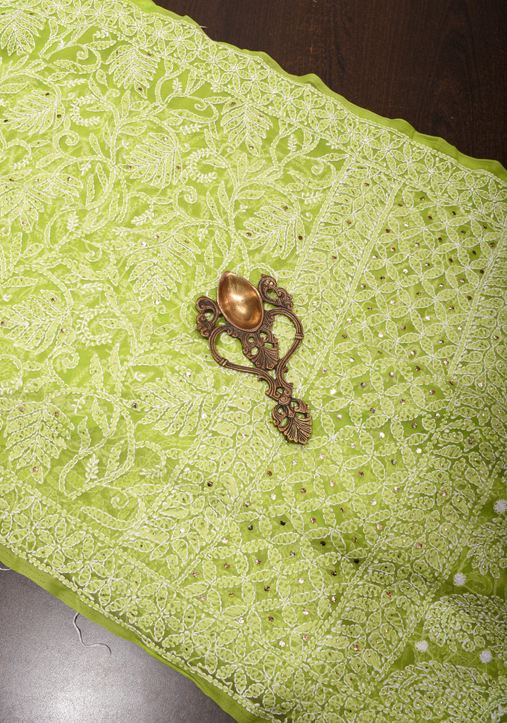 Lime Green Authentic Hand-Embroidered Full Jaal Chikankari Georgette Saree with Gotta Work