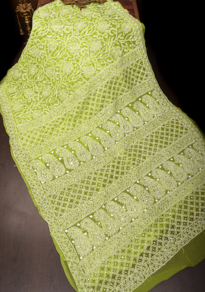 Lime Green Authentic Hand-Embroidered Full Jaal Chikankari Georgette Saree with Gotta Work