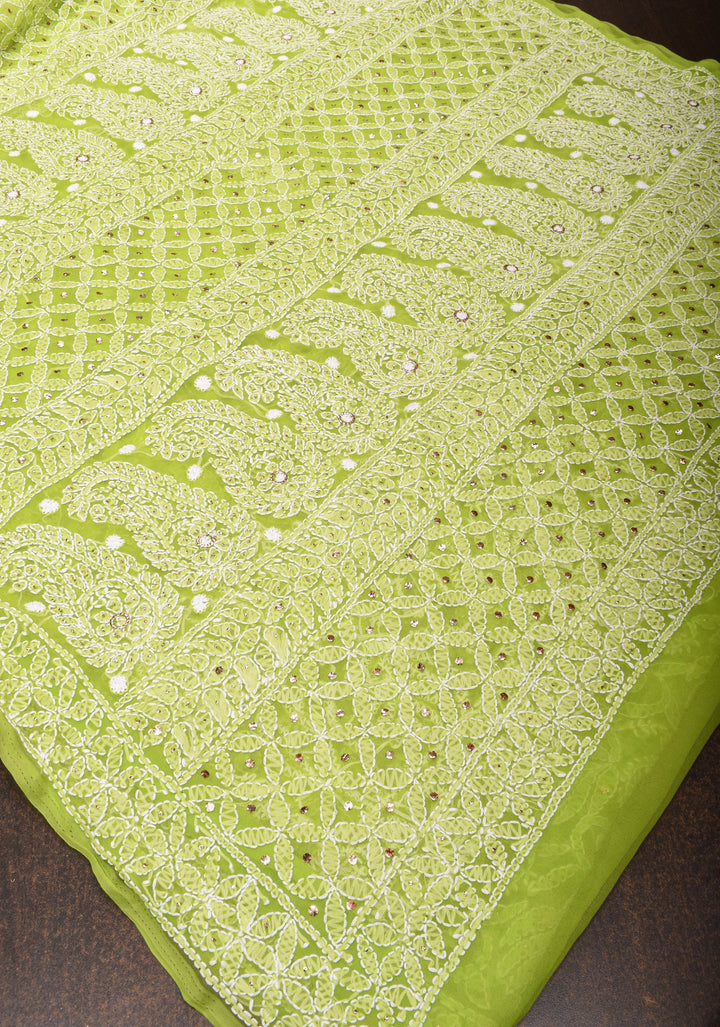 Lime Green Authentic Hand-Embroidered Full Jaal Chikankari Georgette Saree with Gotta Work