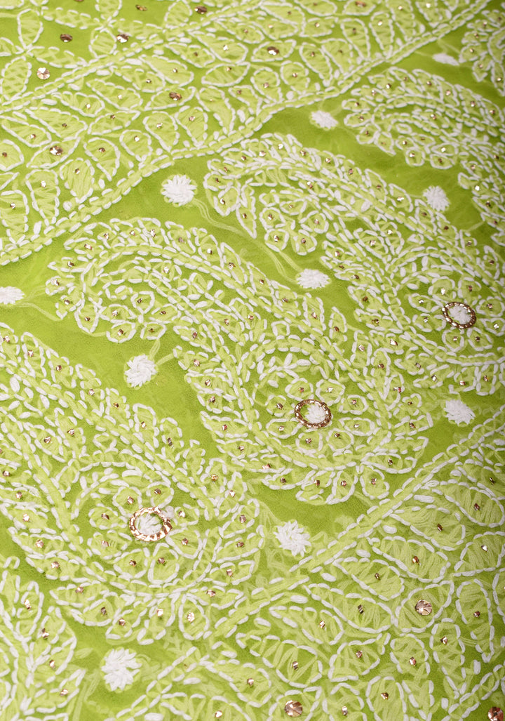 Lime Green Authentic Hand-Embroidered Full Jaal Chikankari Georgette Saree with Gotta Work