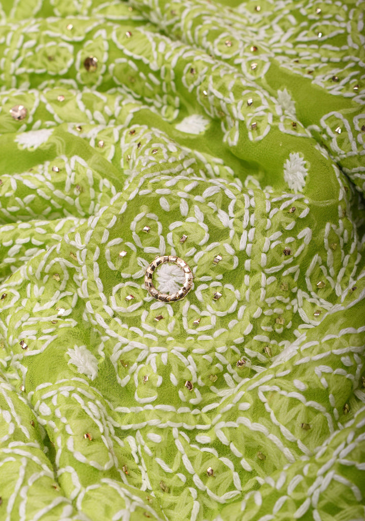 Lime Green Authentic Hand-Embroidered Full Jaal Chikankari Georgette Saree with Gotta Work