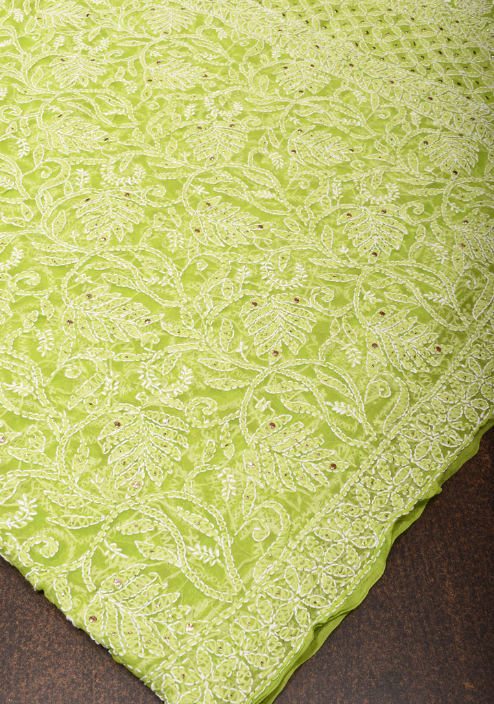 Lime Green Authentic Hand-Embroidered Full Jaal Chikankari Georgette Saree with Gotta Work