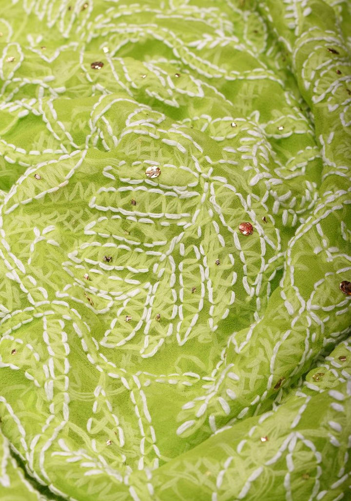 Lime Green Authentic Hand-Embroidered Full Jaal Chikankari Georgette Saree with Gotta Work