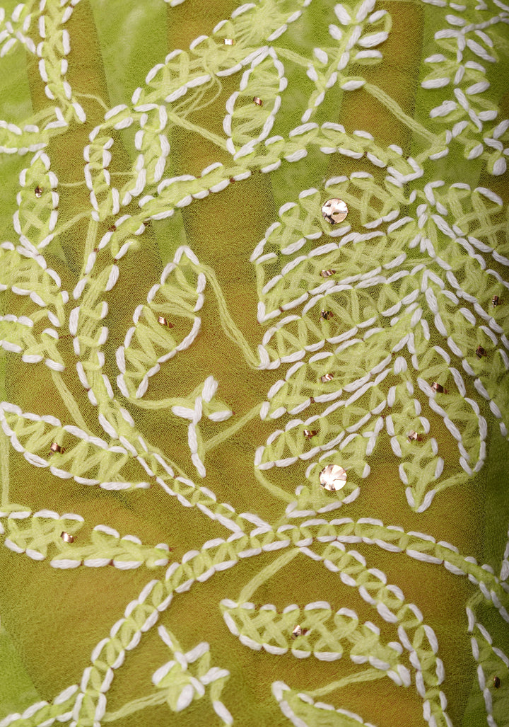 Lime Green Authentic Hand-Embroidered Full Jaal Chikankari Georgette Saree with Gotta Work