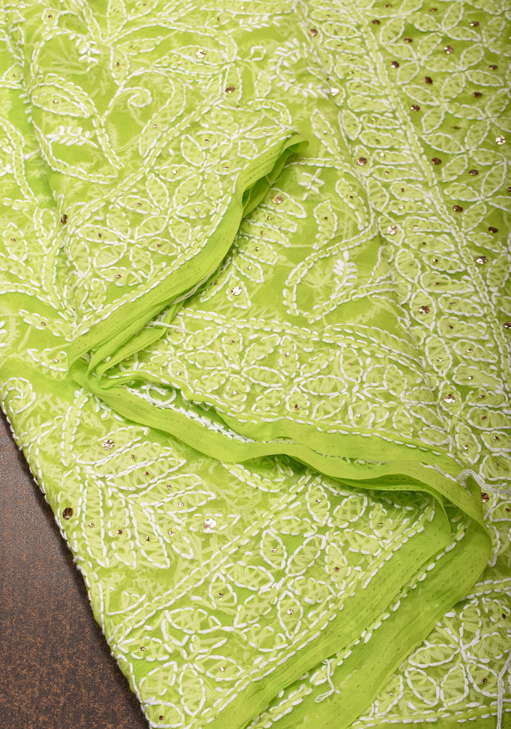 Lime Green Authentic Hand-Embroidered Full Jaal Chikankari Georgette Saree with Gotta Work