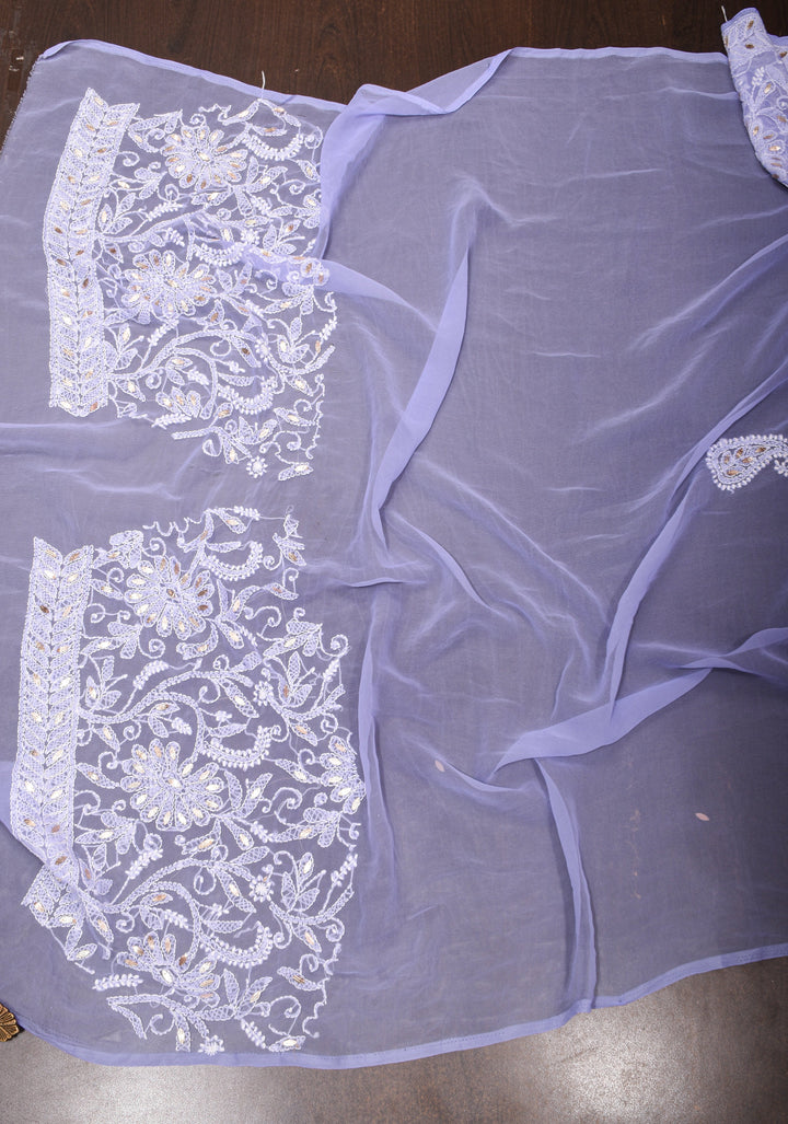 Elegant Lavender Authentic Hand-Embroidered Full Jaal Chikankari Georgette Saree with Gotta Work