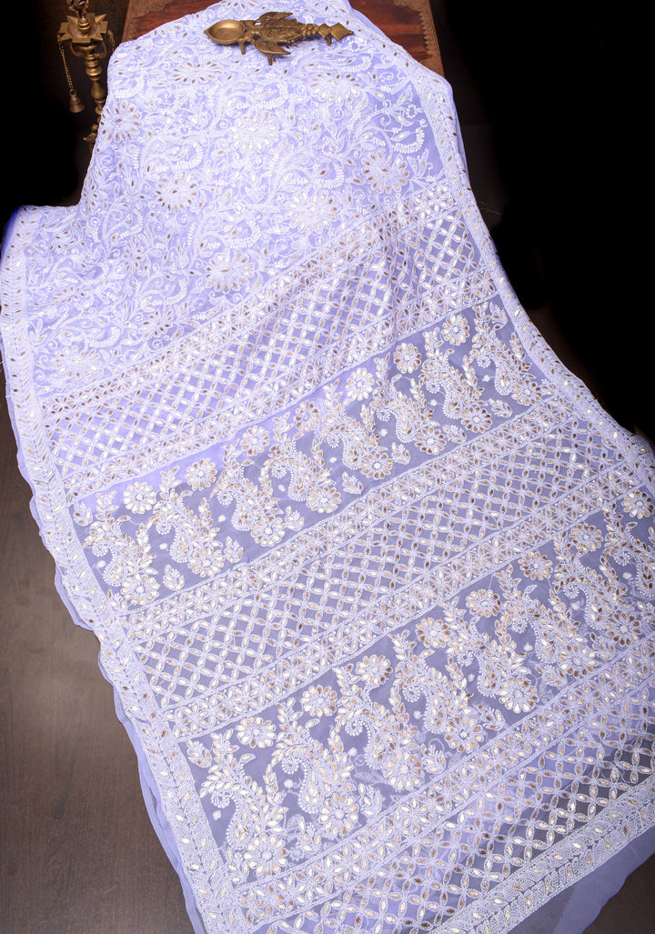 Elegant Lavender Authentic Hand-Embroidered Full Jaal Chikankari Georgette Saree with Gotta Work