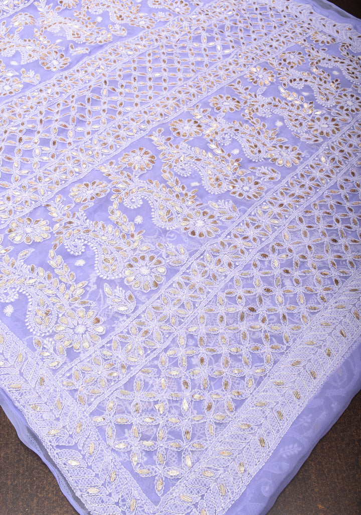 Elegant Lavender Authentic Hand-Embroidered Full Jaal Chikankari Georgette Saree with Gotta Work