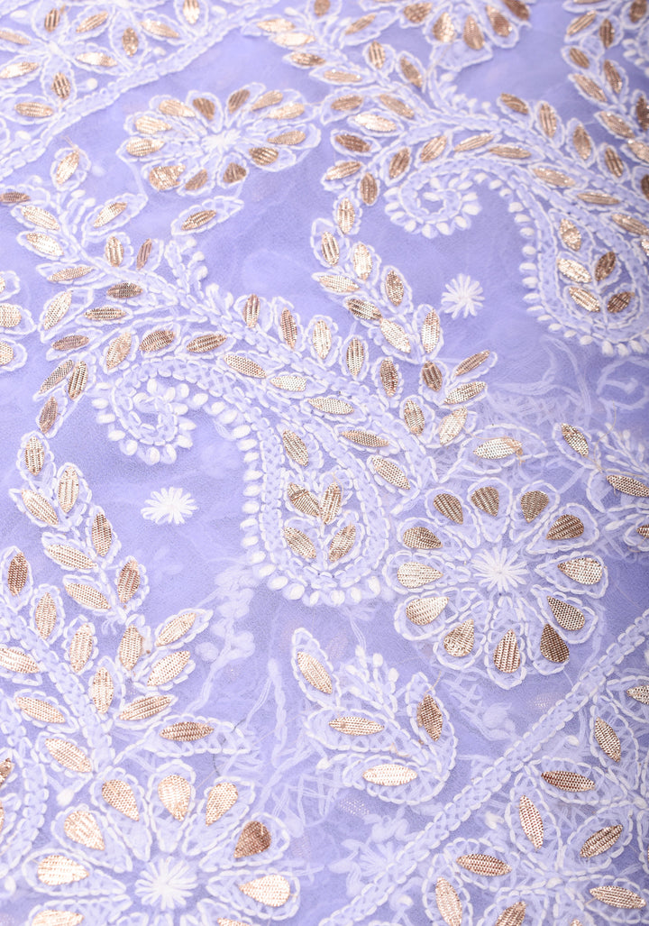 Elegant Lavender Authentic Hand-Embroidered Full Jaal Chikankari Georgette Saree with Gotta Work