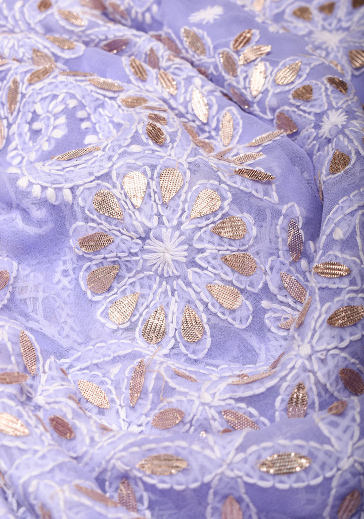 Elegant Lavender Authentic Hand-Embroidered Full Jaal Chikankari Georgette Saree with Gotta Work