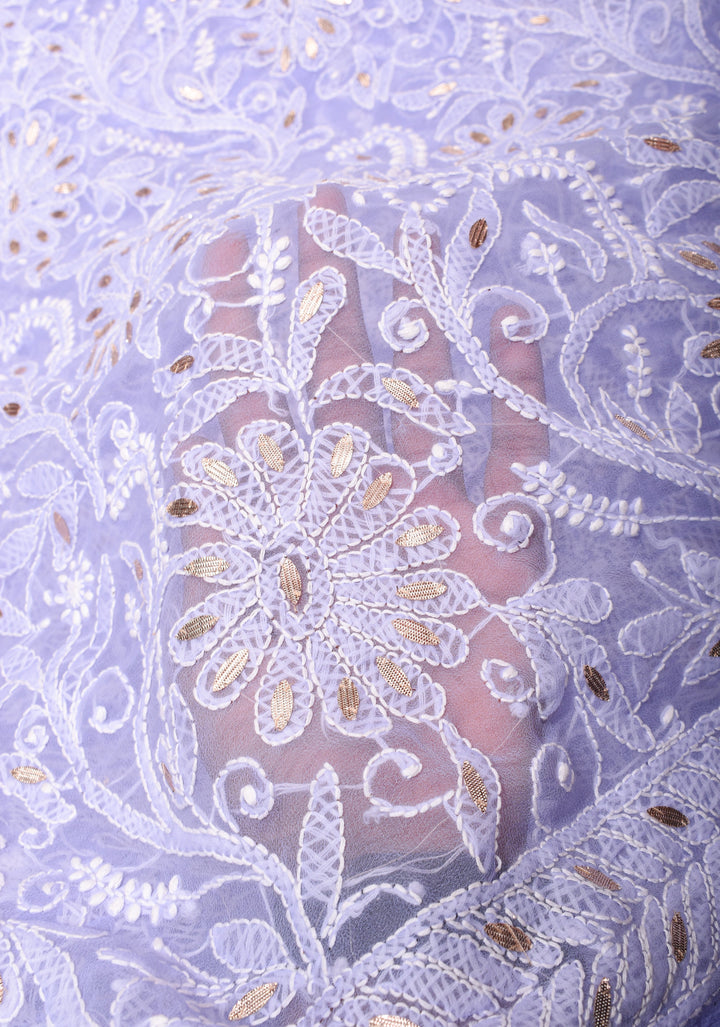 Elegant Lavender Authentic Hand-Embroidered Full Jaal Chikankari Georgette Saree with Gotta Work