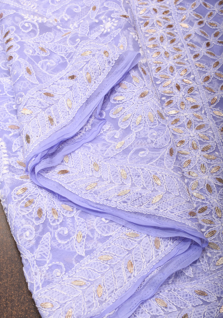 Elegant Lavender Authentic Hand-Embroidered Full Jaal Chikankari Georgette Saree with Gotta Work