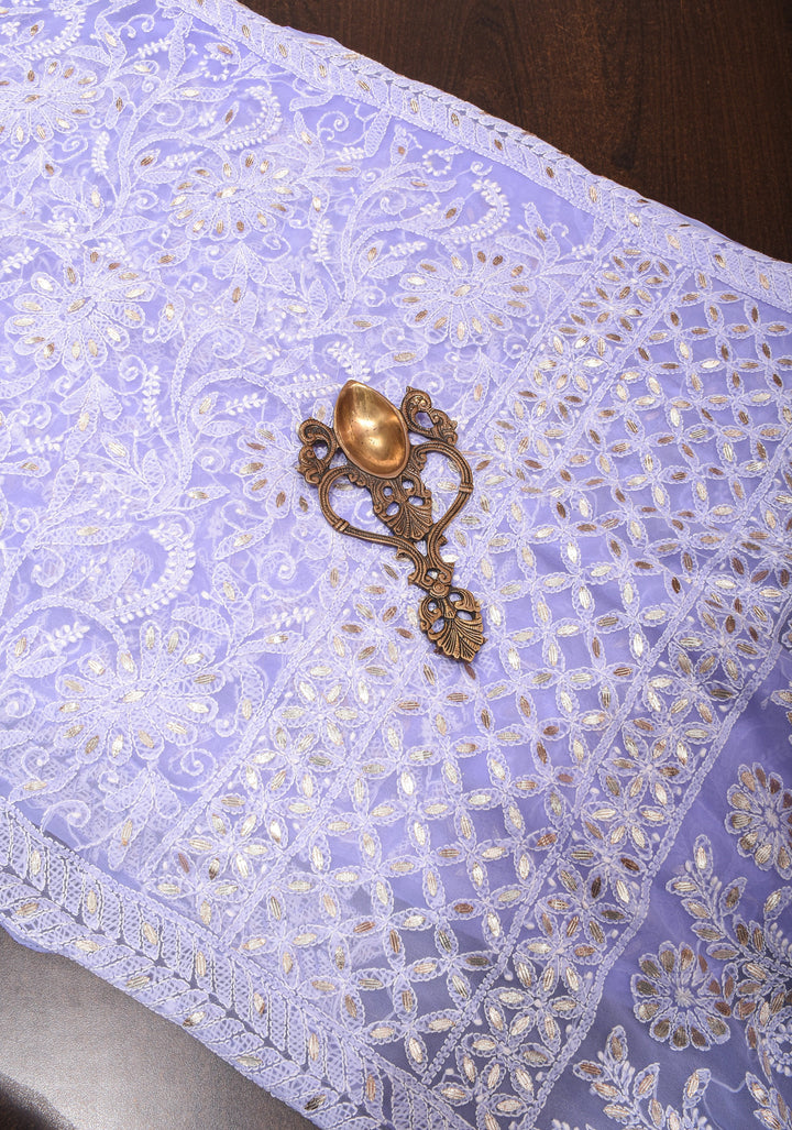 Elegant Lavender Authentic Hand-Embroidered Full Jaal Chikankari Georgette Saree with Gotta Work