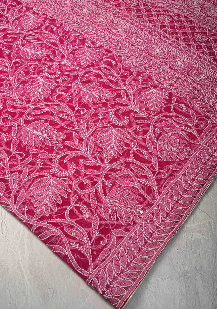Raspberry pink Authentic Hand-Embroidered Full Jaal Chikankari Georgette Saree with Mukeish work