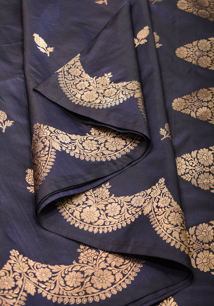 Banarasi Katan Silk Saree in Blue Black and Gold with Scalloped border | SILK MARK CERTIFIED