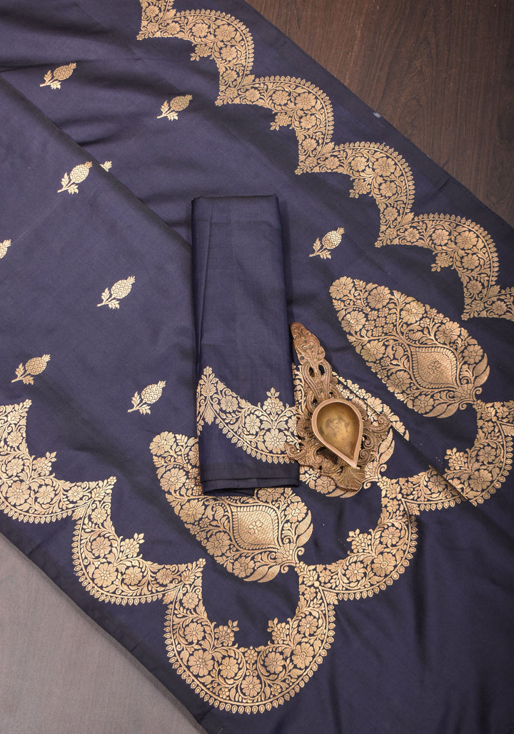 Banarasi Katan Silk Saree in Blue Black and Gold with Scalloped border | SILK MARK CERTIFIED