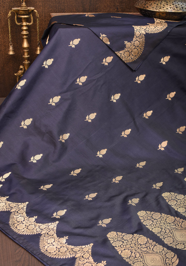 Banarasi Katan Silk Saree in Blue Black and Gold with Scalloped border | SILK MARK CERTIFIED