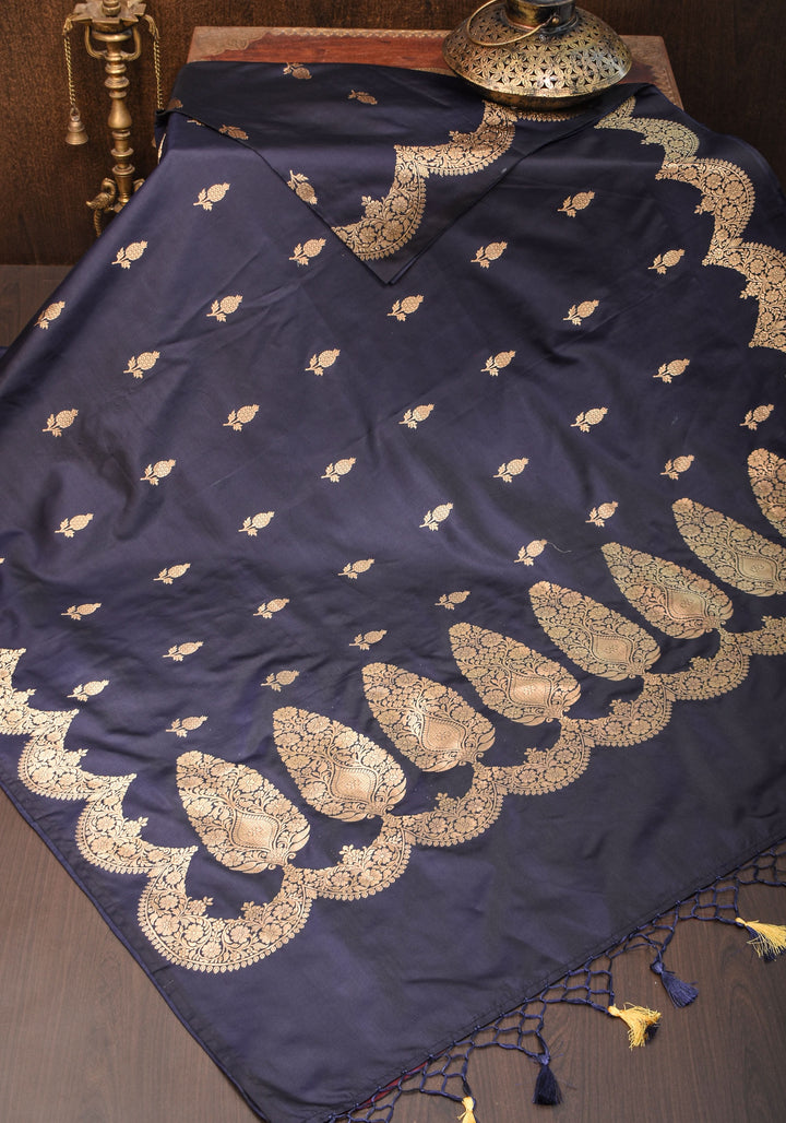 Banarasi Katan Silk Saree in Blue Black and Gold with Scalloped border | SILK MARK CERTIFIED
