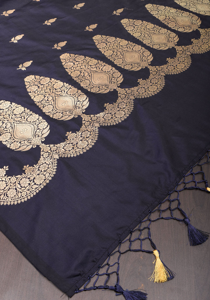 Banarasi Katan Silk Saree in Blue Black and Gold with Scalloped border | SILK MARK CERTIFIED