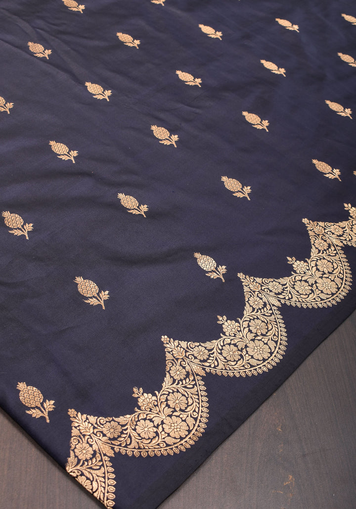 Banarasi Katan Silk Saree in Blue Black and Gold with Scalloped border | SILK MARK CERTIFIED