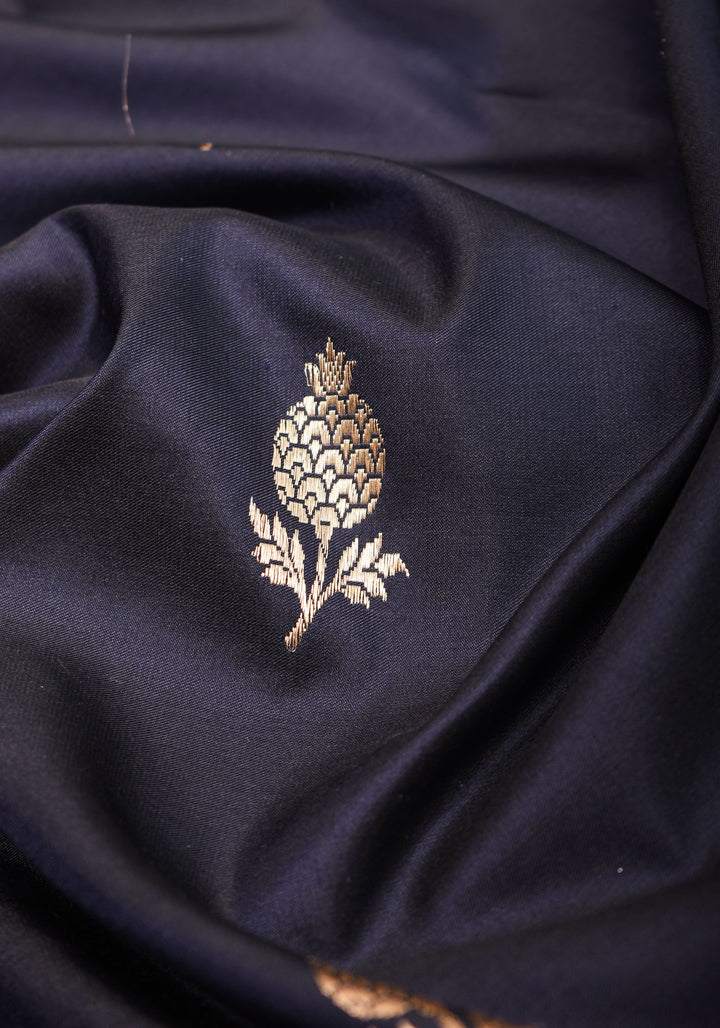Banarasi Katan Silk Saree in Blue Black and Gold with Scalloped border | SILK MARK CERTIFIED