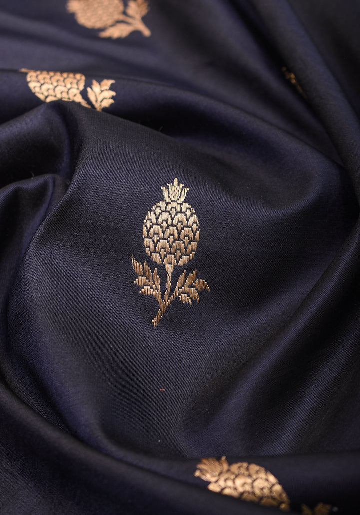 Banarasi Katan Silk Saree in Blue Black and Gold with Scalloped border | SILK MARK CERTIFIED