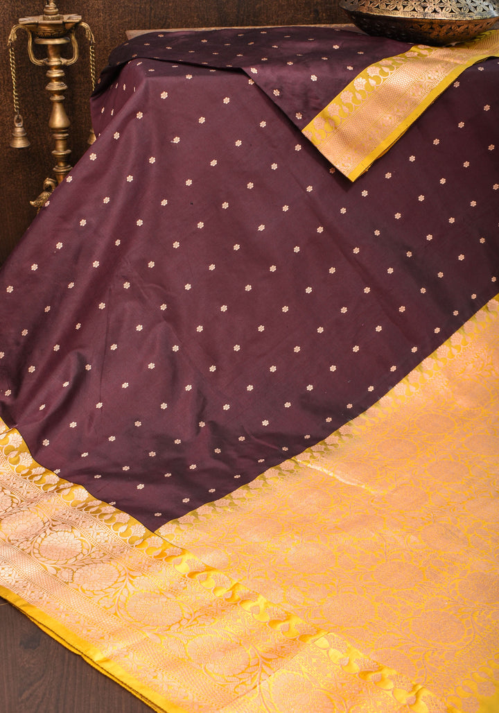 Banarasi Katan Silk Saree in Brown and Yellow with Chunri Buttis | SILK MARK CERTIFIED