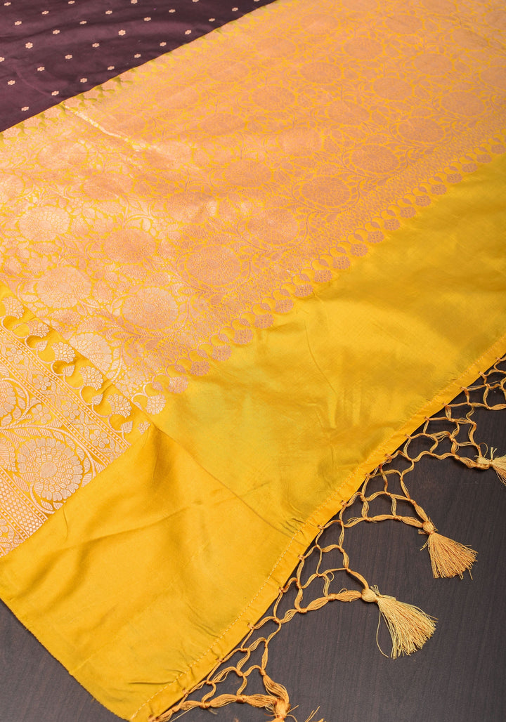 Banarasi Katan Silk Saree in Brown and Yellow with Chunri Buttis | SILK MARK CERTIFIED