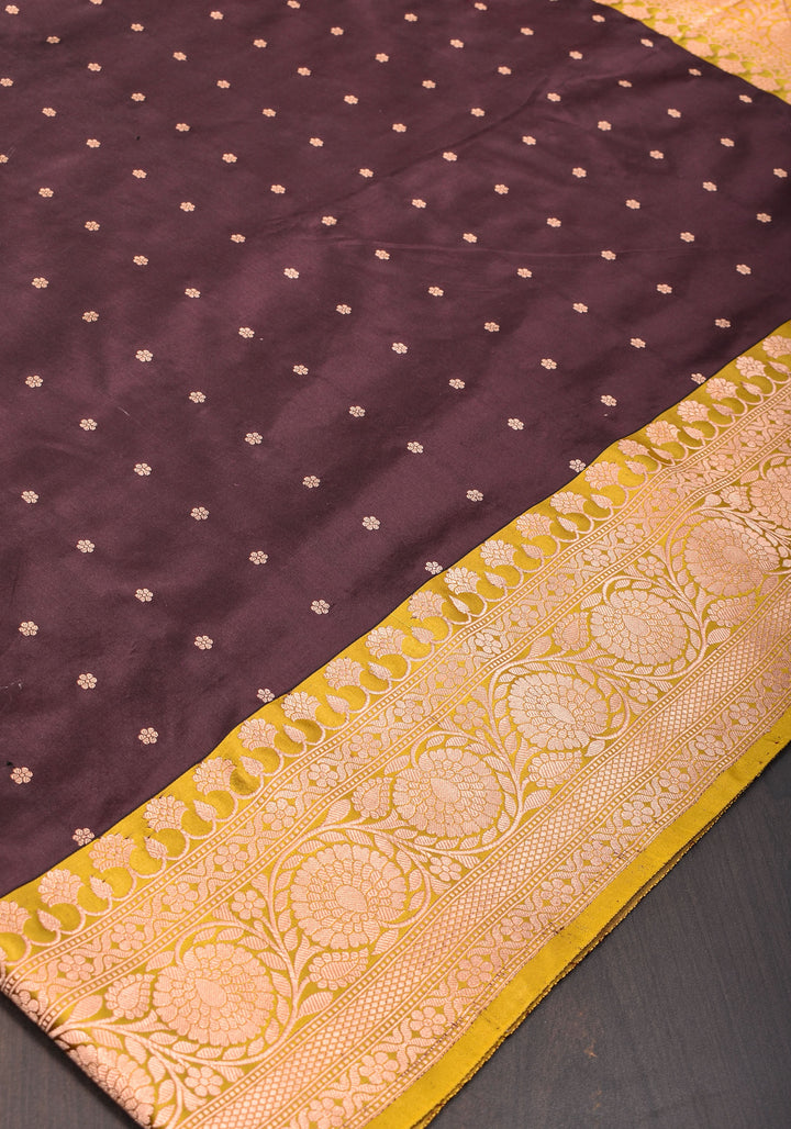 Banarasi Katan Silk Saree in Brown and Yellow with Chunri Buttis | SILK MARK CERTIFIED