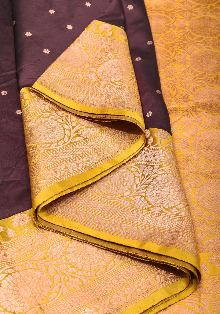 Banarasi Katan Silk Saree in Brown and Yellow with Chunri Buttis | SILK MARK CERTIFIED