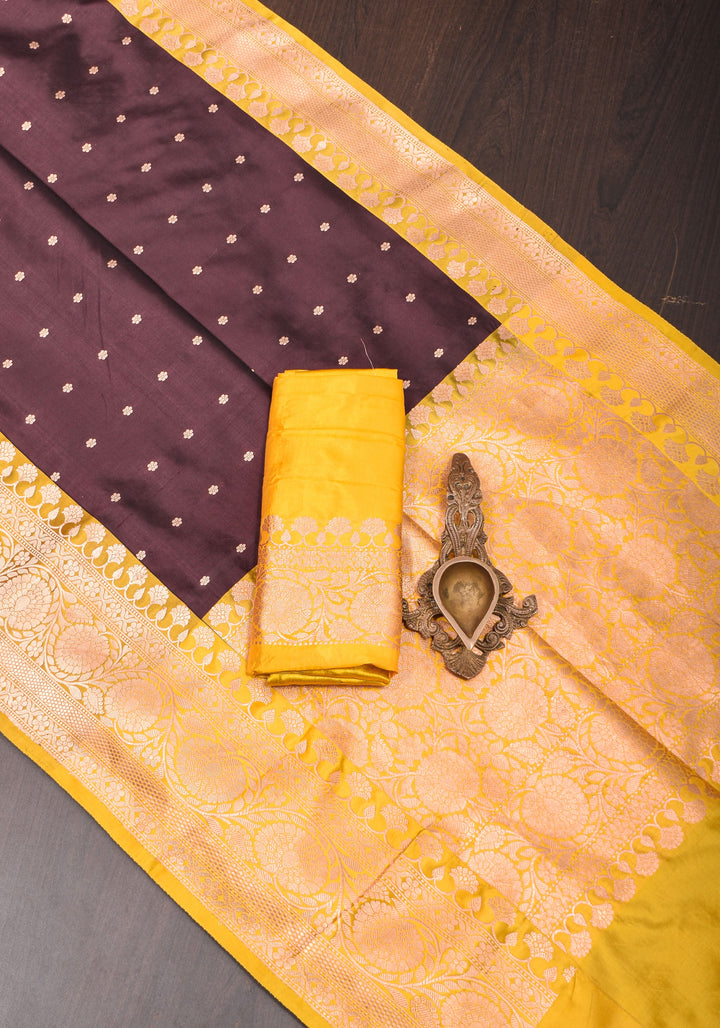 Banarasi Katan Silk Saree in Brown and Yellow with Chunri Buttis | SILK MARK CERTIFIED