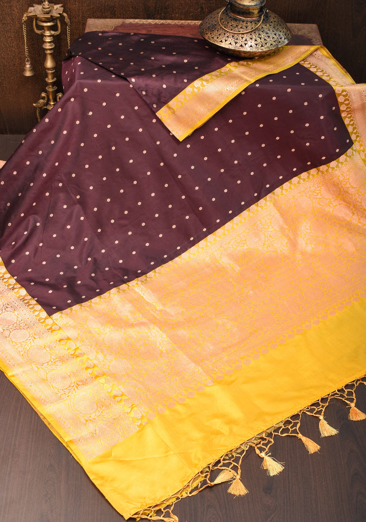 Banarasi Katan Silk Saree in Brown and Yellow with Chunri Buttis | SILK MARK CERTIFIED