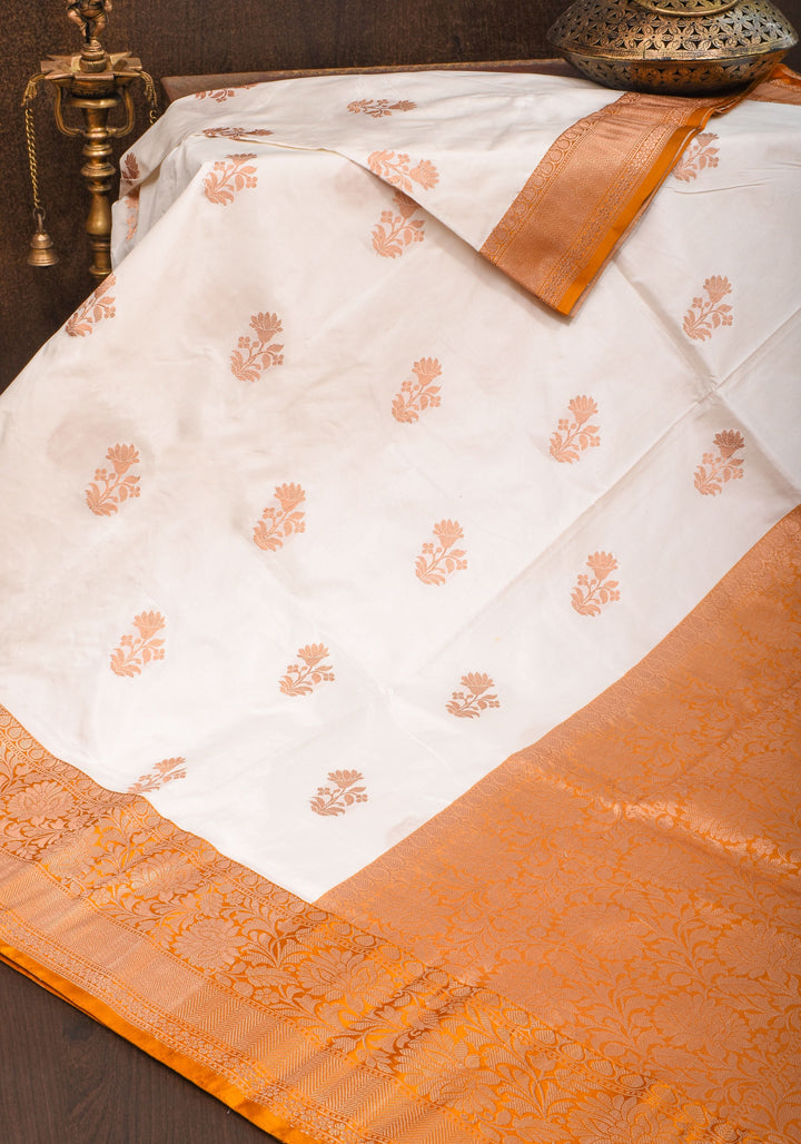 White Banarasi Katan Silk Saree with Zari Motifs | SILK MARK CERTIFIED