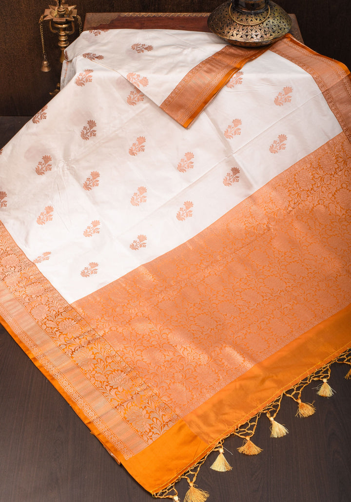 White Banarasi Katan Silk Saree with Zari Motifs | SILK MARK CERTIFIED