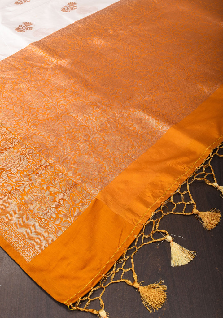 White Banarasi Katan Silk Saree with Zari Motifs | SILK MARK CERTIFIED