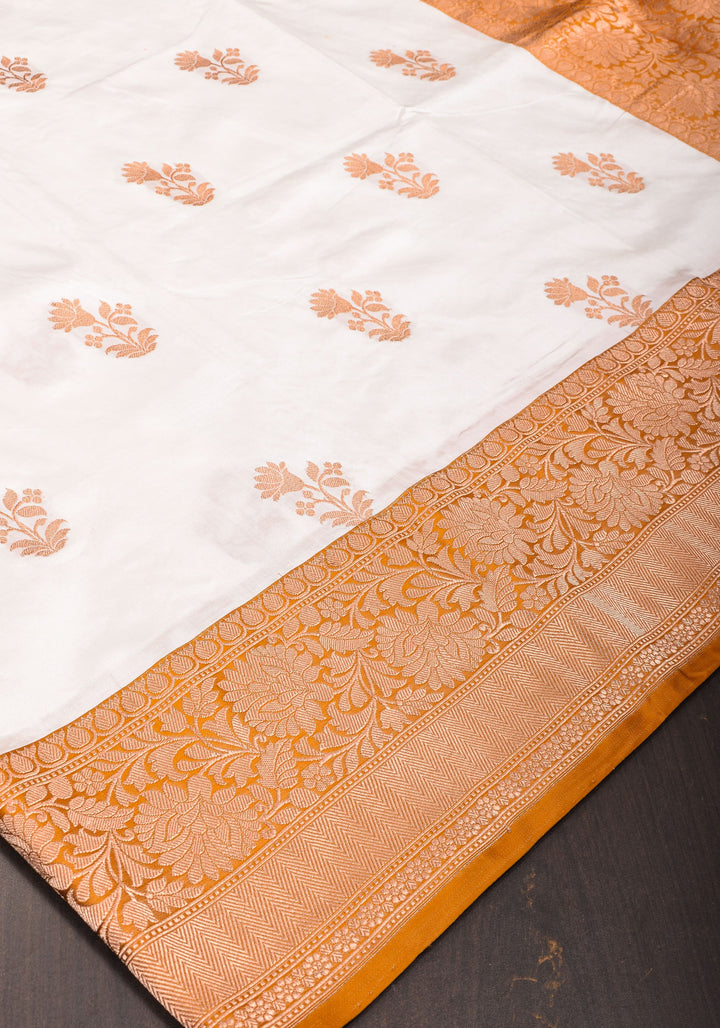 White Banarasi Katan Silk Saree with Zari Motifs | SILK MARK CERTIFIED